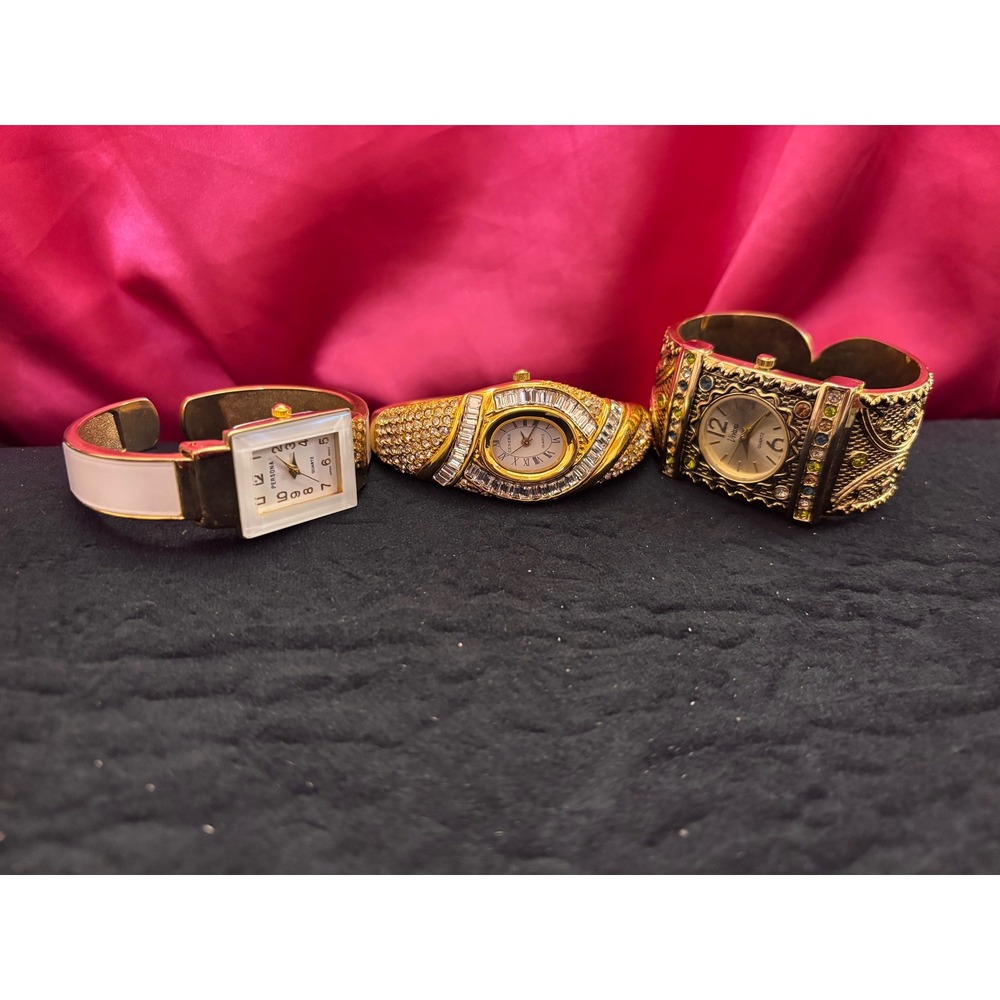 Vintage Cuff Watch Lot Persona Vivani Geneve Gold Tone Crystal Rhinestone 3pc